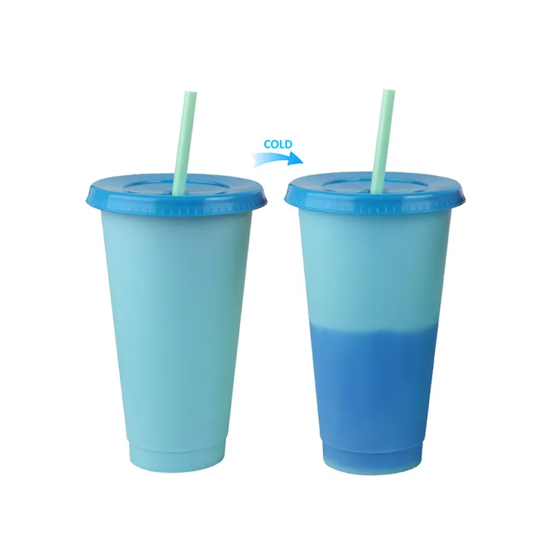 710 ml Kalte Farbwechsel Tasse Stroh Tassen Wiederverwendbare Kaffeetasse Tragbare Matte Kunststoff Wasser Becher Mit Deckel