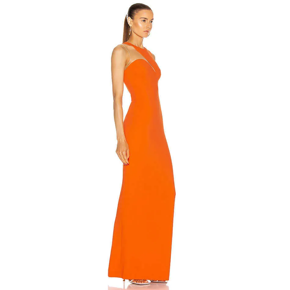 Sommer Mode Elegante Frau Verband Kleid Sexy Rundhals Ärmellose Strumpfhosen Orange Lange Promi Party 210525