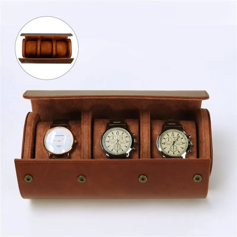 Boîtes de montre 3 fentes, étui de voyage en rouleau, boîte de rangement d'affichage en cuir Vintage Portable Chic avec organisateurs coulissants 227Y