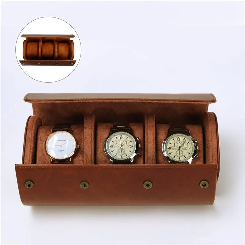 Scatole orologi Custodie Custodia da viaggio a 3 slot Custodia da viaggio chic portatile in pelle vintage con organizzatori scorrevoli227Y