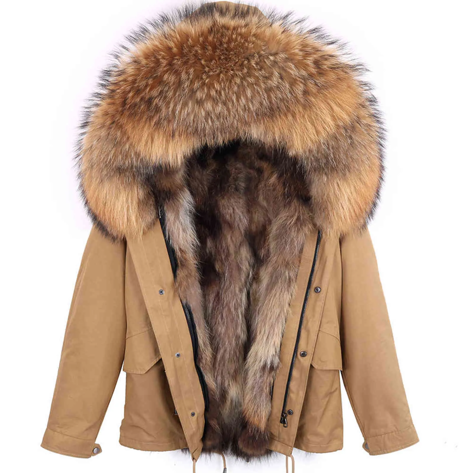 Russo Natural Forring Forro Parka Casaco Real Casaco de Pele Casaco de Inverno Mulheres Natural Guaxinim Colar De Pele Quente Parkas 211110