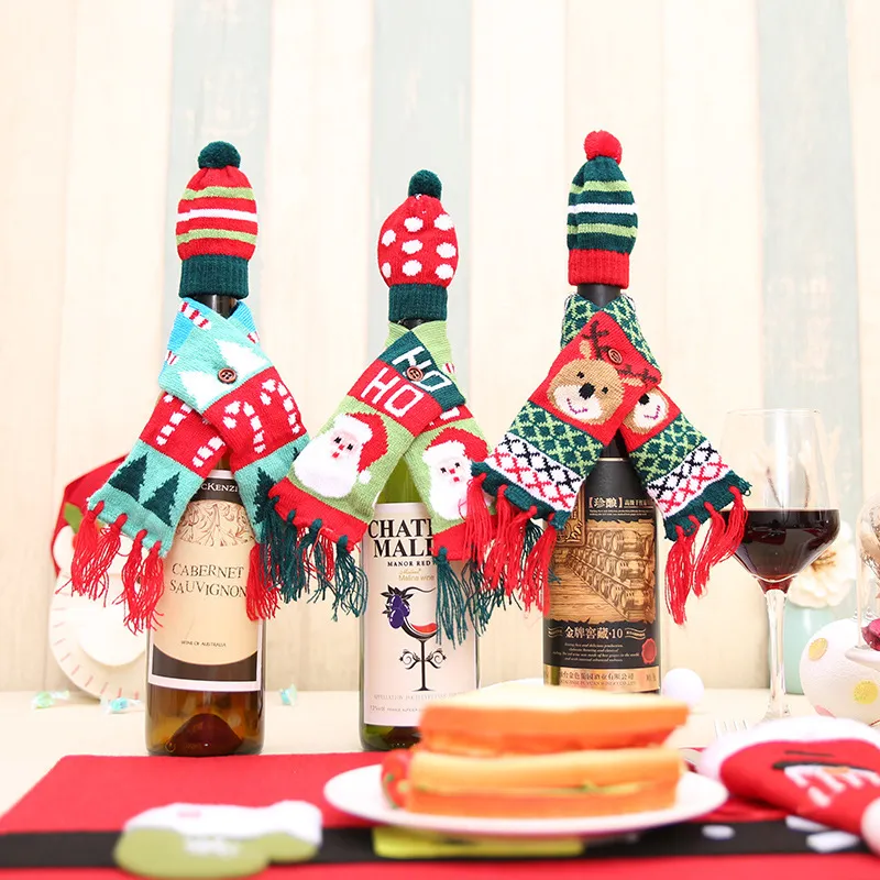 3 pezzi di bottiglia di vino rosso lavorato a maglia decorazione novità sciarpa orso nappa cappello di Babbo Natale decorazioni natalizie domestiche