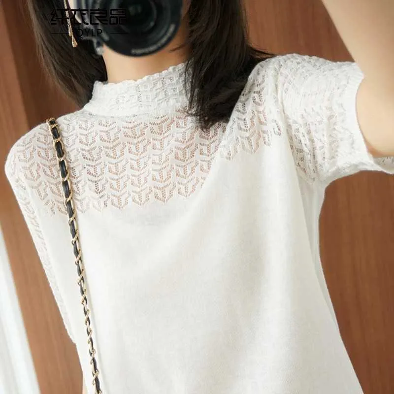 Summer Women knitted Short sleeve Thin Sweater Female Hollow out Lace Turtleneck Pullover Ladies knit Cotton Purple Jumpers 210917