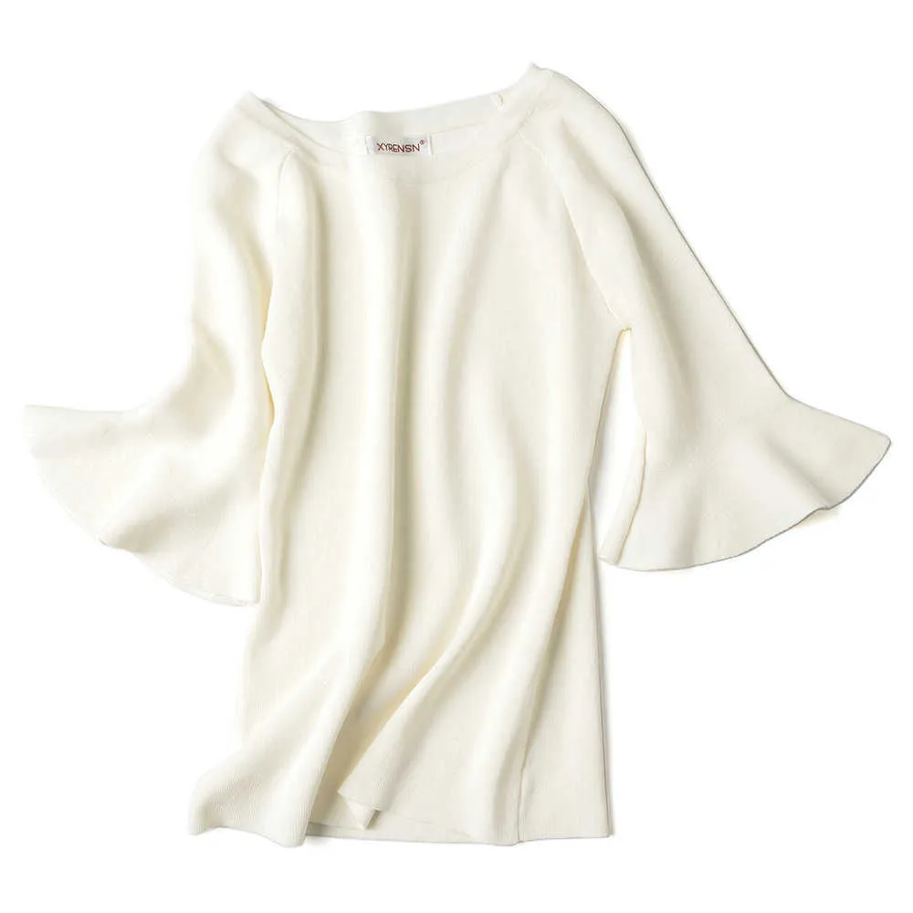 夏の到着oネックTシャツフレアスリーブアイスシルキー女性ティー6色利用可能な韓国風ホワイトトップ210527