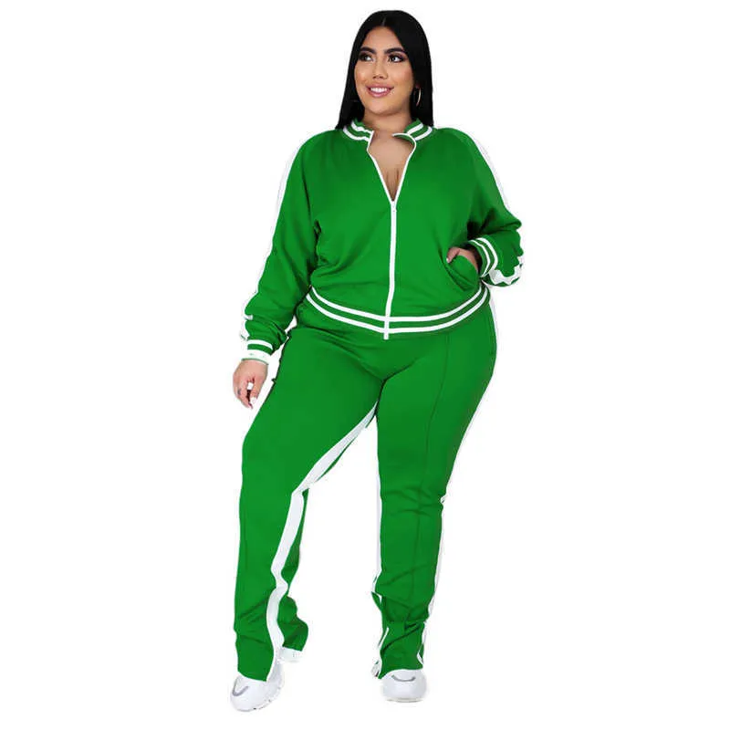 Plus Größe L-5XL Zwei Stück Set Frauen Sweatsuit Reißverschluss Gestreiftes Top Schlitz Jogginghose Jogger Outfit Passenden Set Großhandel Drop 210709