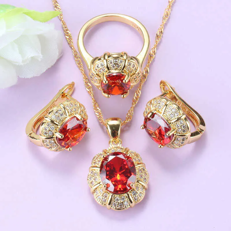 i Bridal Wedding Costume Red Granato Braccialetto Braccialetto Collana e clip orecchini Brasiliani Gold-Color Jewelry Set le donne H1022