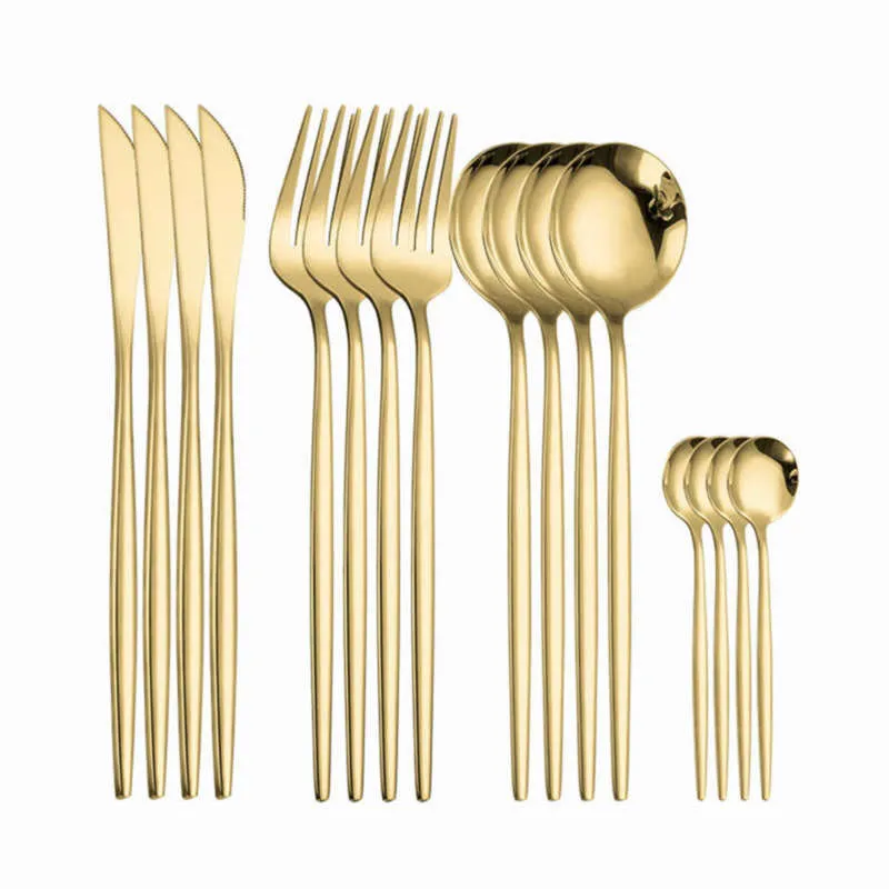 Tableware Gold Stainless Steel Cutlery Set 18/10 Travel Silverware Dinner Knife Fork Spoon Flatware Dishwasher Safe 210928