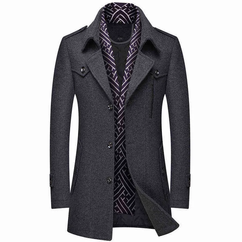 Roupas masculinas moda trench casaco engrossar masculino jaqueta de lã lenço coleira de meia-comprimento casaco de inverno overcoat quente roupas masculinas 211122