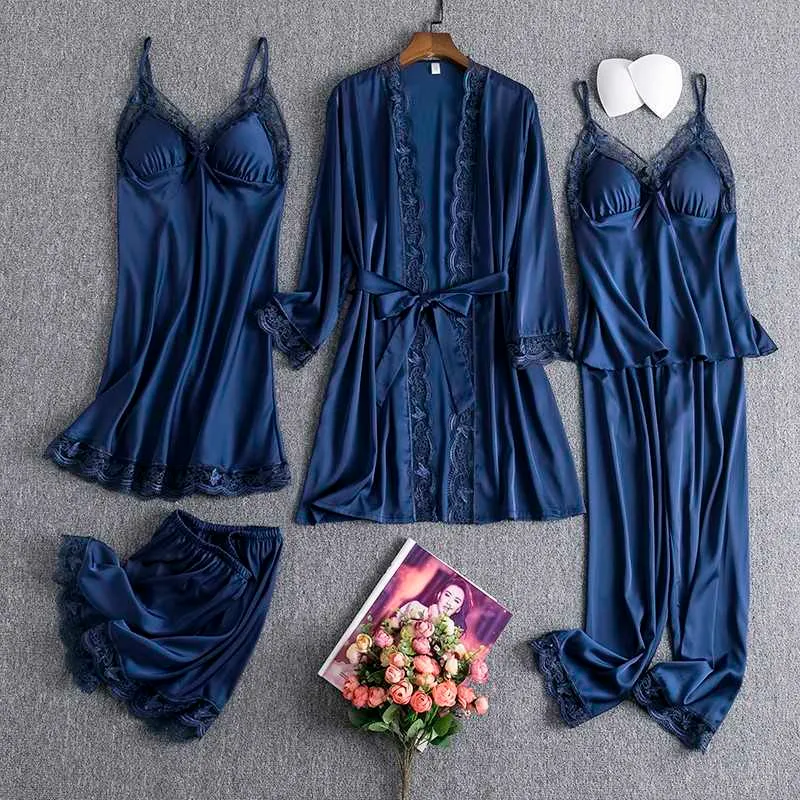 Femmes Sleepwear Sexy Satin Pyjamas avec dentelle PJS Set Faux Silk Nightwear Nightwear Loose Robe Lingerie intime Q0706