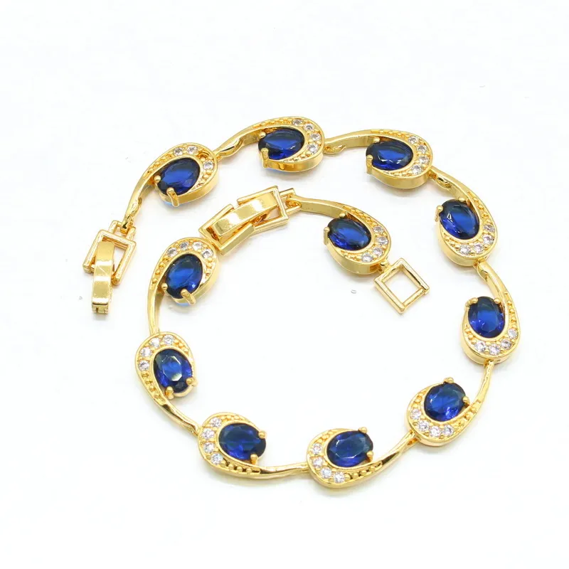 2021 Blaue Steine Vergoldete Schmucksets Für Frauen Ohrstecker Halskette Anhänger Ring Armband Geschenkbox
