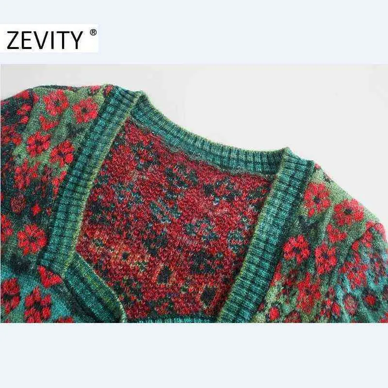 Zevity Women Vintage Square Collar Contrast Color Flower Print Knitting Sweater Female Long Sleeve Chic Cardigans Coat Tops S540 211120