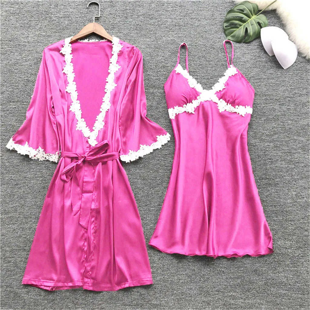 5 SZTUK SET SET Pijamas Zestaw Satin Pyjamamas Sexy Solid Color Nightwear Home Wear Nighty Robe Suit Bielizna Nightie Q0706