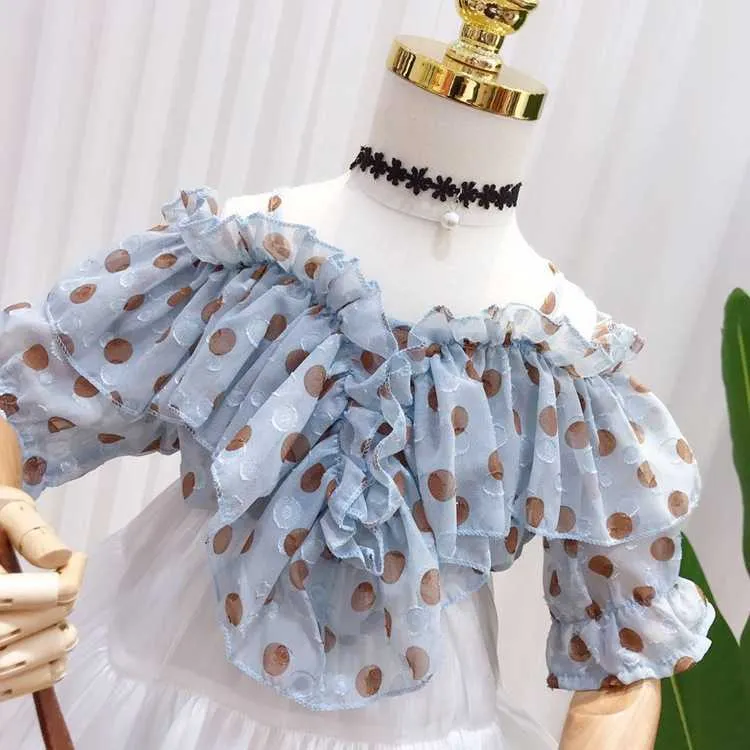 Sommarflickor kläder uppsättningar chiffong polka dot sling kärlek v-neck t-shirt + cupcake kjol baby barn kläder kostym barn 210625