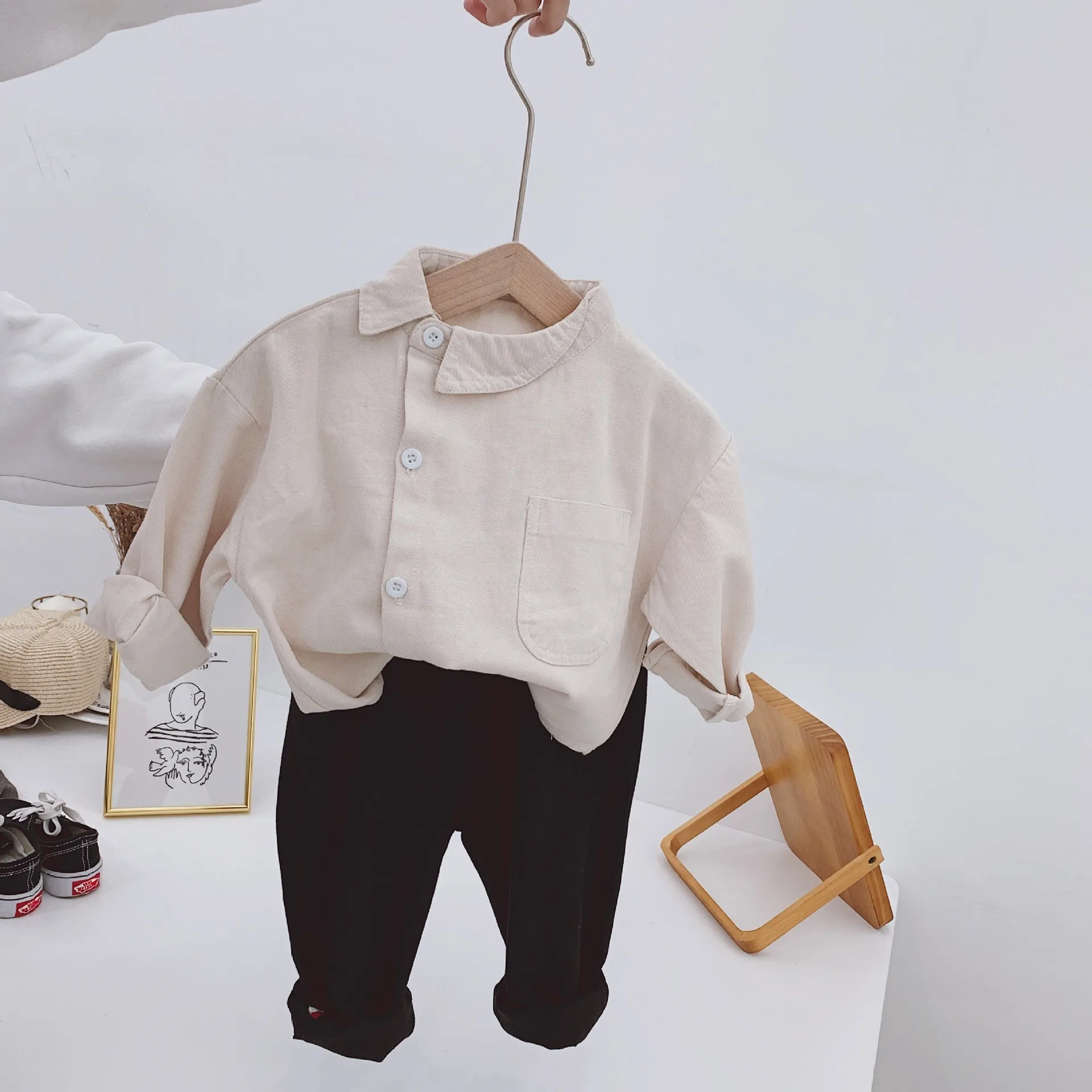 Children's Shirt Spring New Boys' Diagonal Collar Shirt Top Baby Two Color Shirt Baby Boy Clothes Girls Blouse 210306