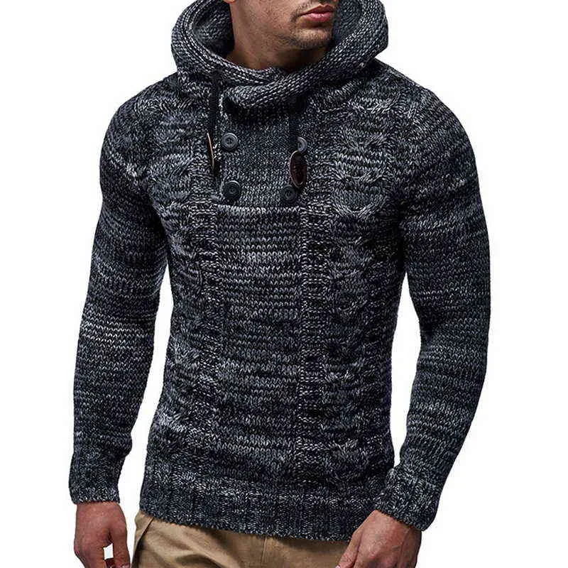 Mannen Mode Effen Kleur Gebreide Hooded Sweaters O-hals Lange mouw Slanke Fit Pullover Tops Herfst Winter 211221