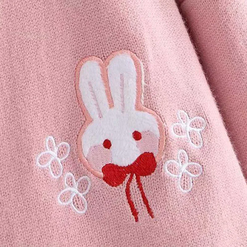 AZYT Cartoon Stickerei Kaninchen Strickpullover Strickjacke Koreanische Chic Lose Weibliche Strickshirt V-ausschnitt Jacke Frauen 210914