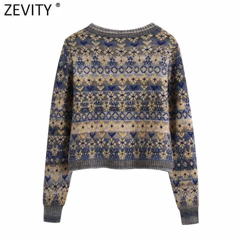 Zevity femmes Vintage col carré fleur imprimé Jacquard tricot pull femme à manches longues Chic Cardigans manteau hauts S652 210914