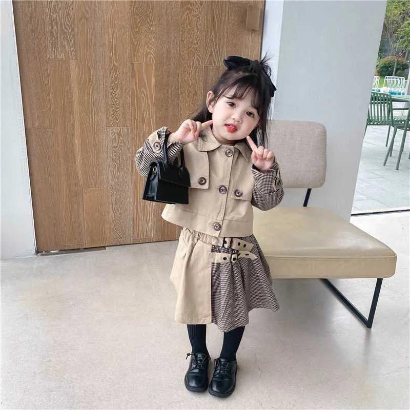 Ensembles de fille de style britannique bébé manteau à manches longues + jupe à carreaux mode tenues costume vêtements 1-7Y E57060 210610