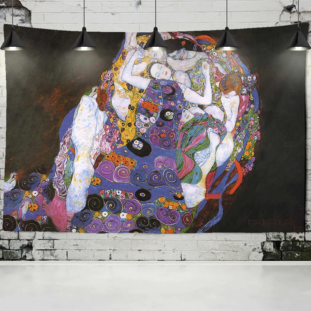 Gustav Klimt Oil Painting Tapestry Mur suspendu Kiss of Gold Résumé Art Decoration Polyester Blanket Yoga Mat Home Chambre Art 210609