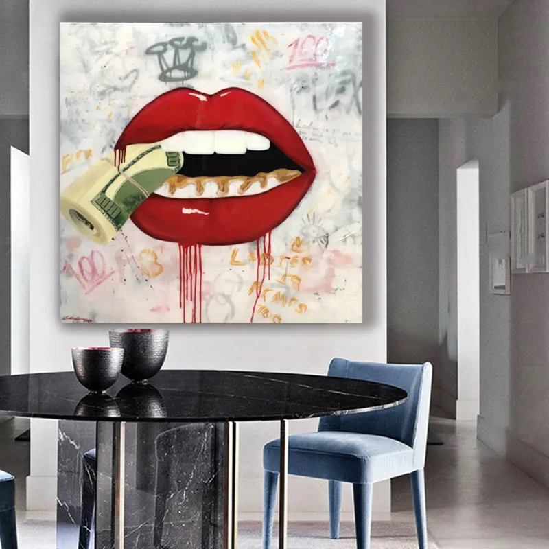 Art abstrait lèvres rouges Sexy avec de l'argent, peinture sur toile, affiches murales et imprimés, images pour salon, impressions sur toile Cuadros