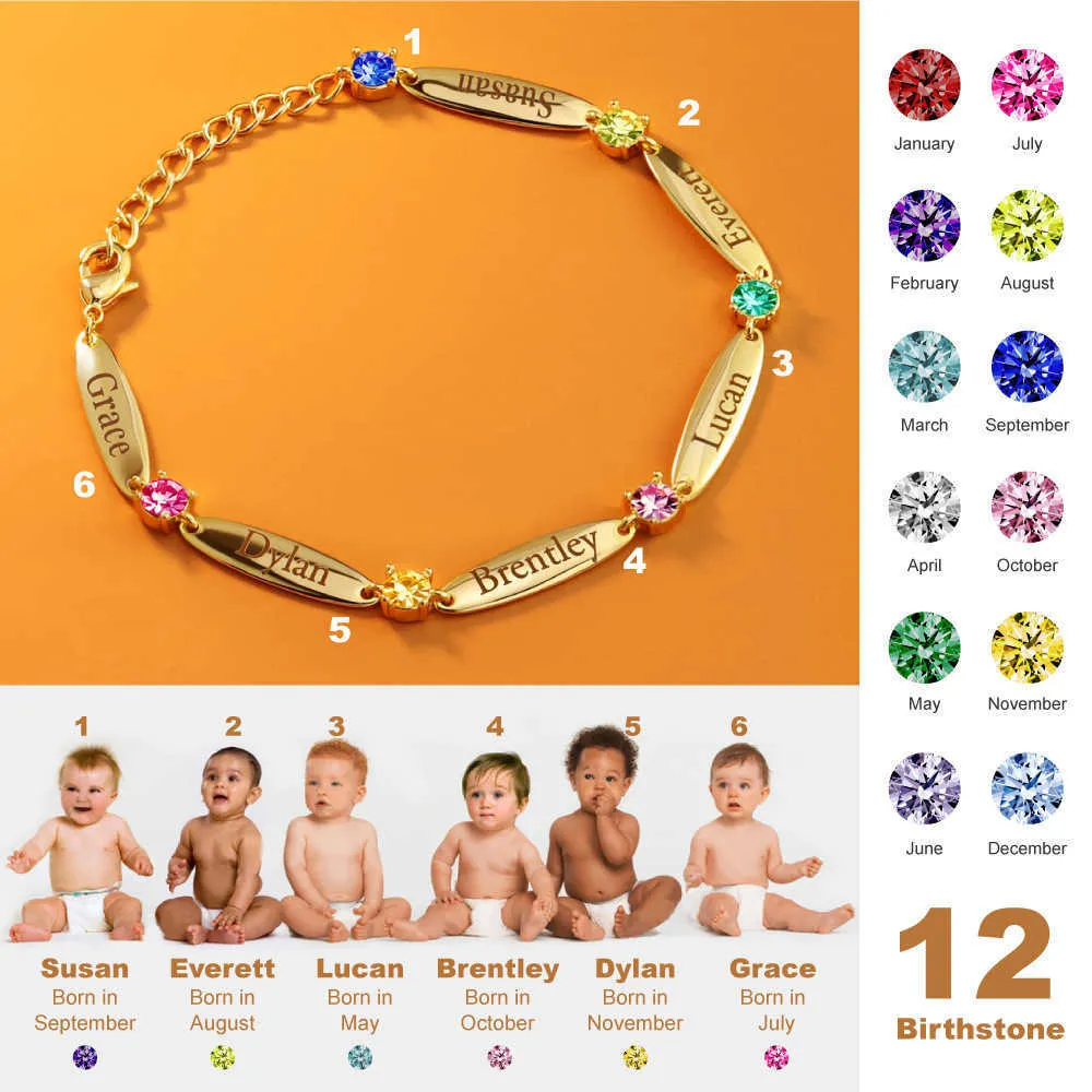 Aurosaco - Multicolor Birthday Stone Bracelet, Engraved Name Bangle, Diamond Color, Personalized Name, Baby Feet, Birthday Gift