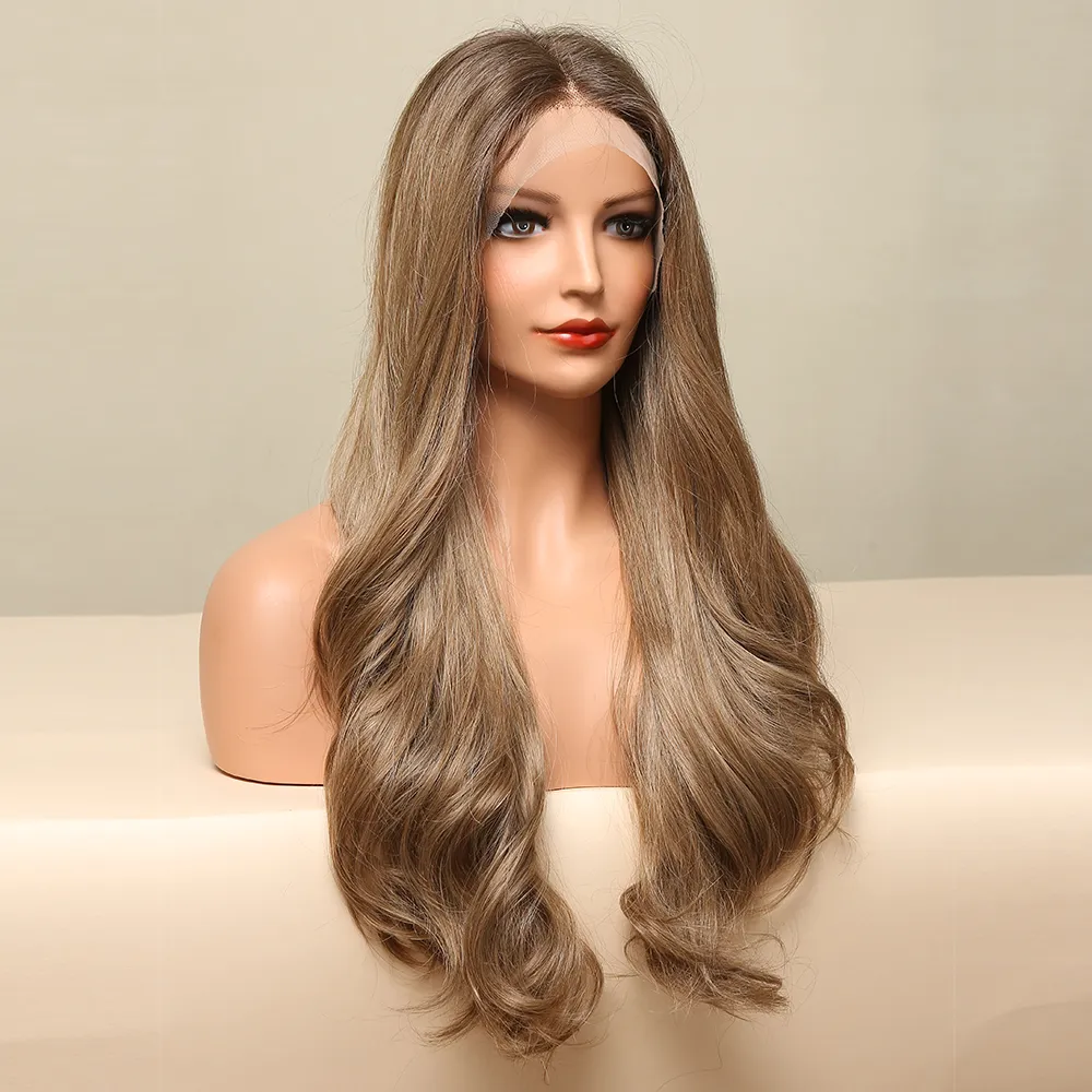 Longue perruque brune ondulée avant de lacet pour les femmes cheveux naturels dentelle frontale perruques synthétiques haute densité cosplay résistant à la chaleur usine directe