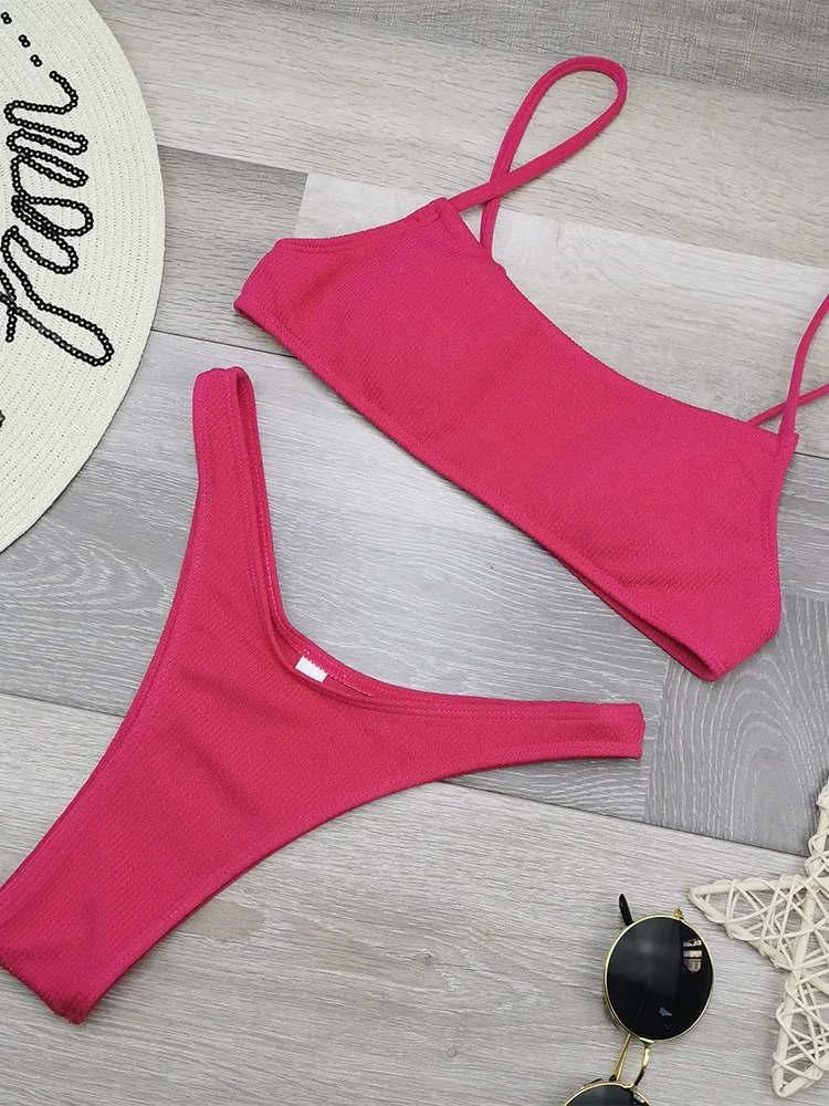 żebrowane Neon Pink Bikini Set stringi Bikini Swimsuit Kobiet Kosze Kąpienia Wysokie pasy Kobiet Kobiet Lopard Bra Plus SquaWear String 210305