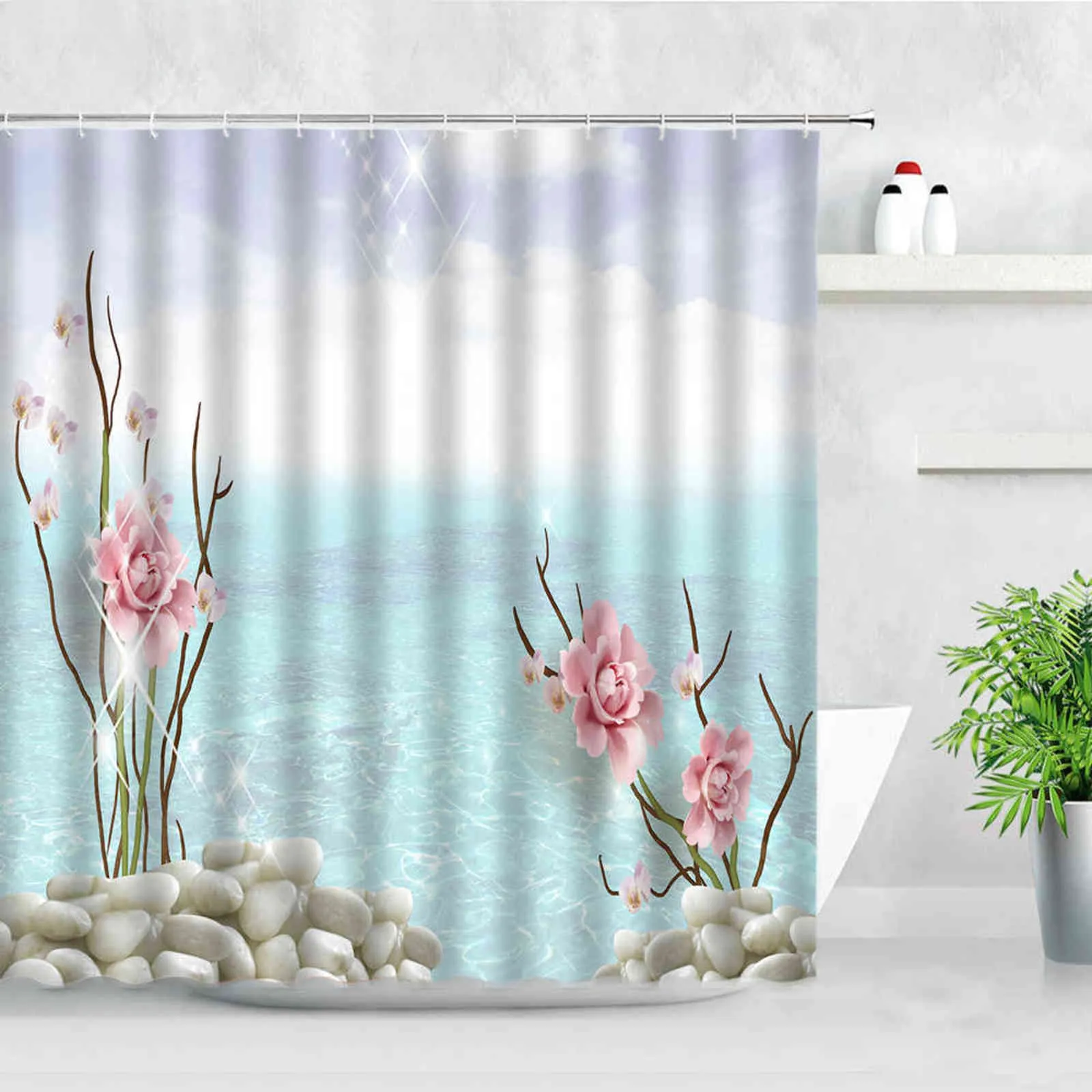 Relief Wit Bloemen Zwaan Douche Gordijnen Parel Diamant Design Water 3D Printing Badcoratie Decor Haken Stof Badkamer Gordijn Set 211116