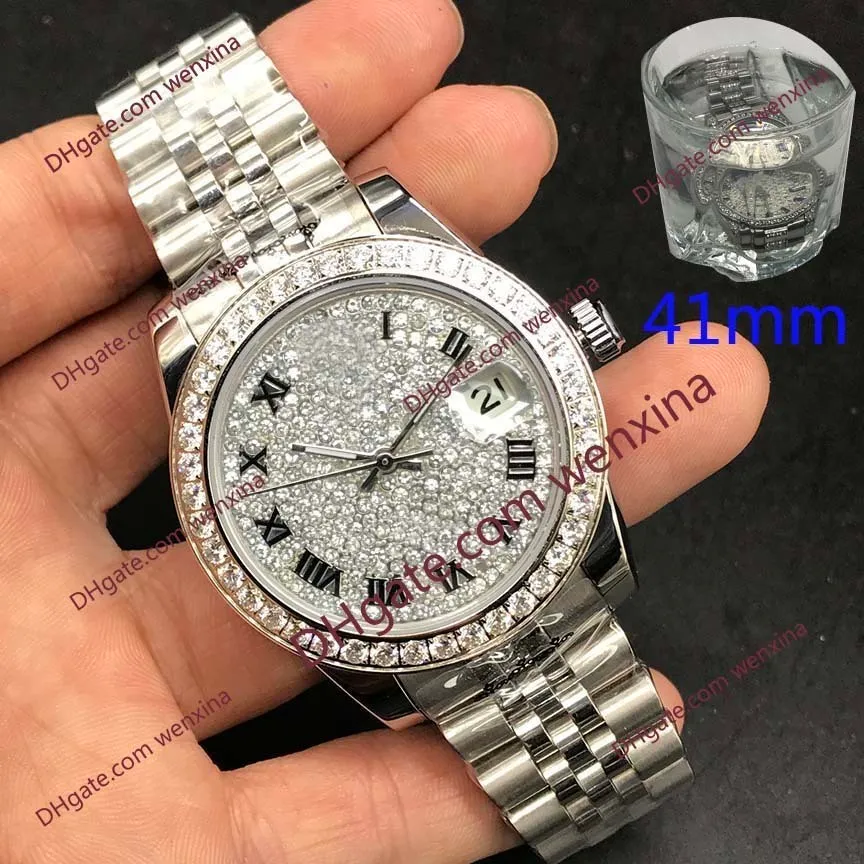 10 высококачественных роскошных 41 -мм мужских часов с алмазными часами черная поверхность белая полоса Montre de Luxe 2813 Автоматические стальные водонепроницаемы