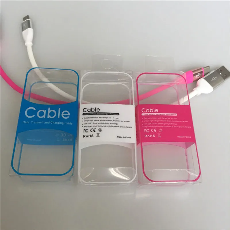Cep telefonu şarj cihazı için basit siyah beyaz açık PVC plastik perakende paket kutusu, USB kablosu için satış ambalaj kutusunu artırın