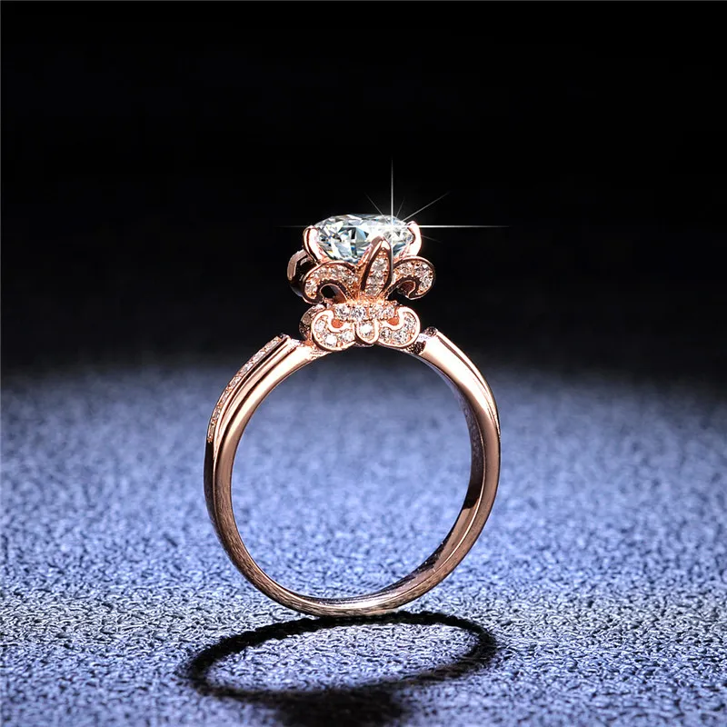 Ros guld diamant test passerade utmärkt cutd färg hög klarhet vit moissanit ring silver 925 bröllop smycken
