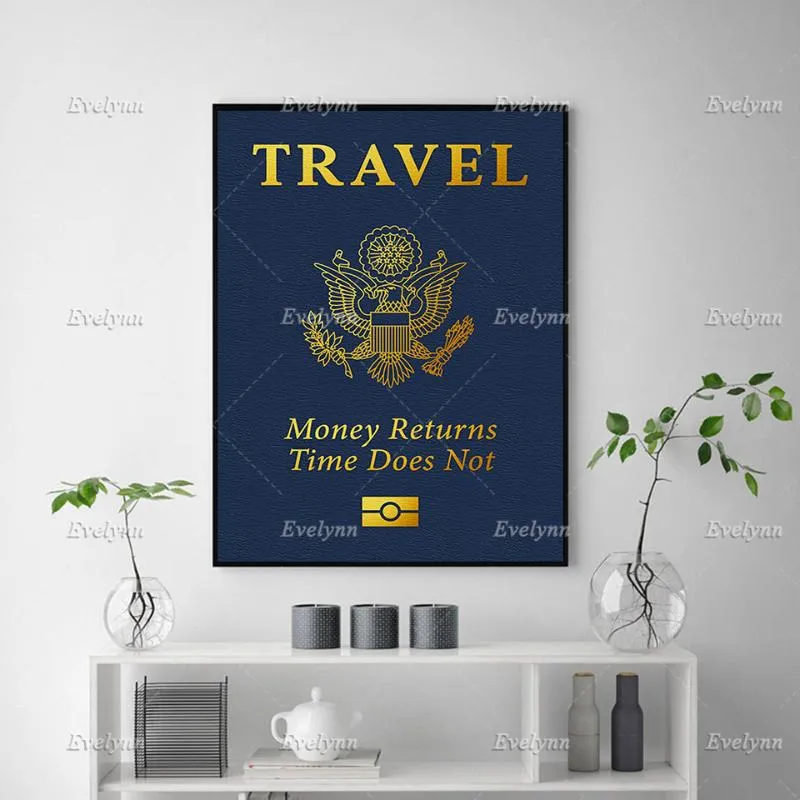 Paintings Motivational Inspirational Canvas Poster- Passport Travel Money Returns Time Does Not Wall Art Office Home De220k