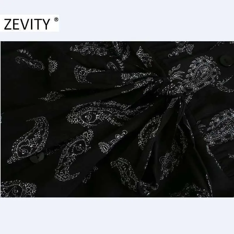 Zevity Femmes Vintage Noix de cajou Imprimer Noeud papillon Ceintures Longue Robe Chemise Femme À Manches Longues Robe Chic Casual Slim Robes DS4469 210603