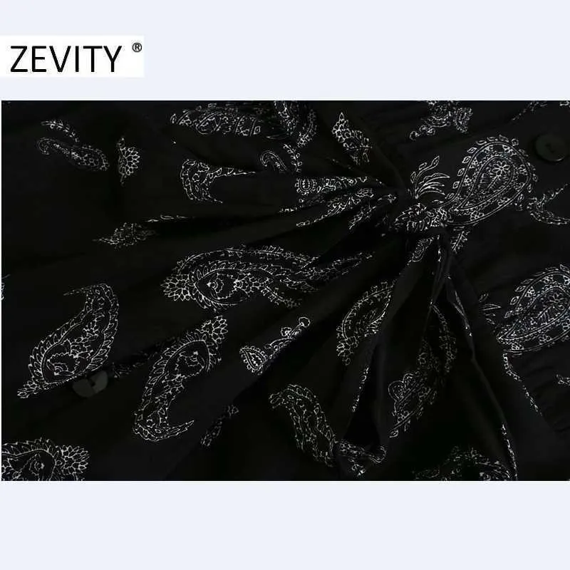 Zevity Women Vintage Cashewnötter Skriv ut Slips Sashes Långskjorta Klänning Femme Långärmad Vestido Chic Casual Slim Dresses DS4469 210603
