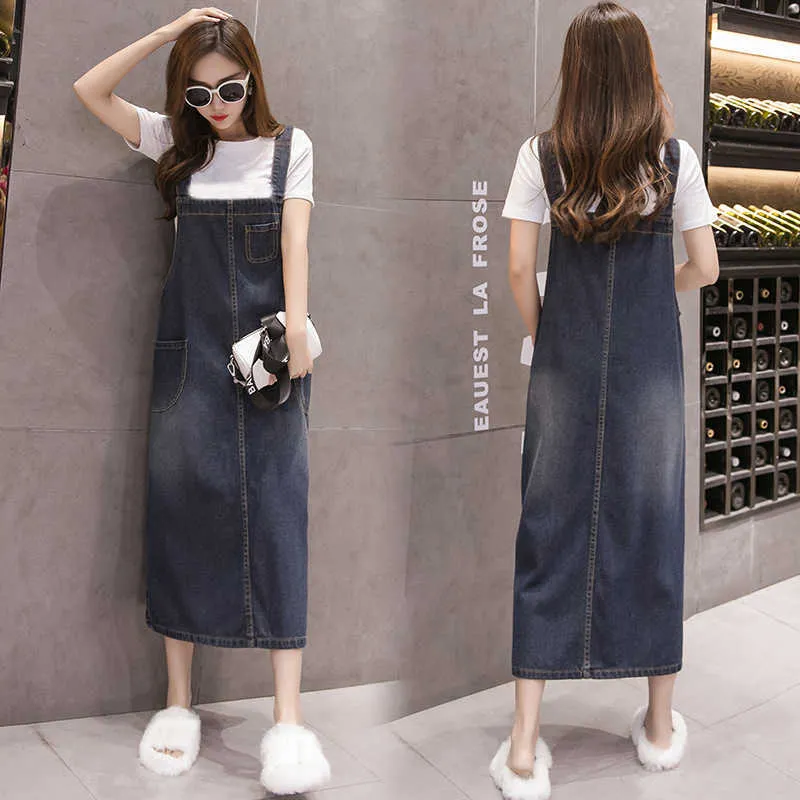 Denim Overalls Dress Women Loose Summer Mid-length Plus Size Female Slim A-line Sundress High Street Blue Jean 210604