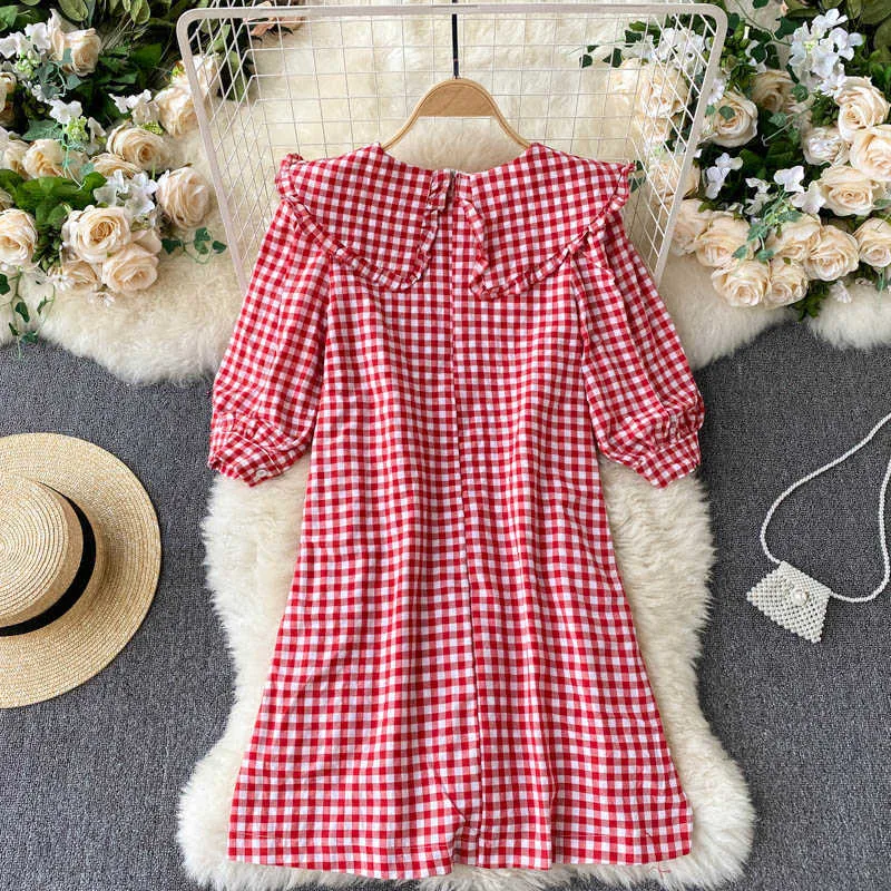 Coréen Chic rouge Plaid imprimé Robe courte femmes été col rabattu manches bouffantes décontracté Robe d'été Vestidos Robe Femme 210603