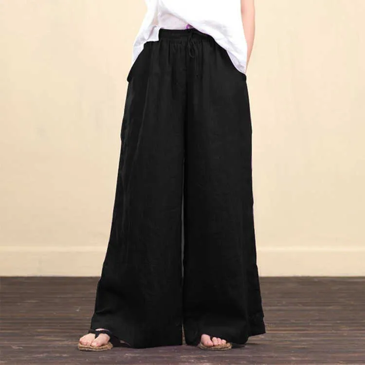 Women Spring Summer Solid Cotton Linen Wide Leg Pants Casual High Waist Palazzo Loose Pocket Trouser Long Pantalon Plus Size 5XL 210925