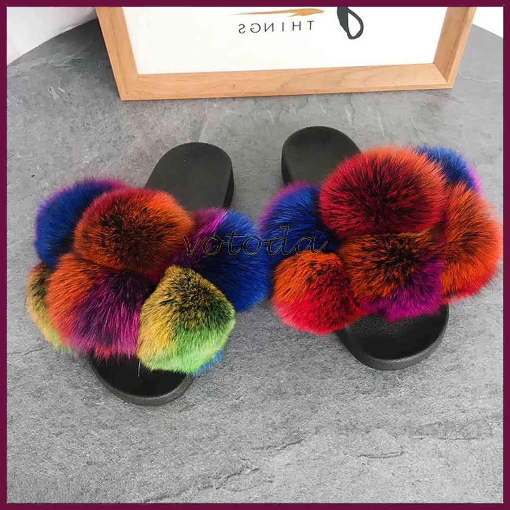 Pantofole in pelliccia di pompon Donna Fluffy Real Fox Slides ry Cute Raccoon Sandals Lady Flat Ball Flip Flop Scarpe arcobaleno