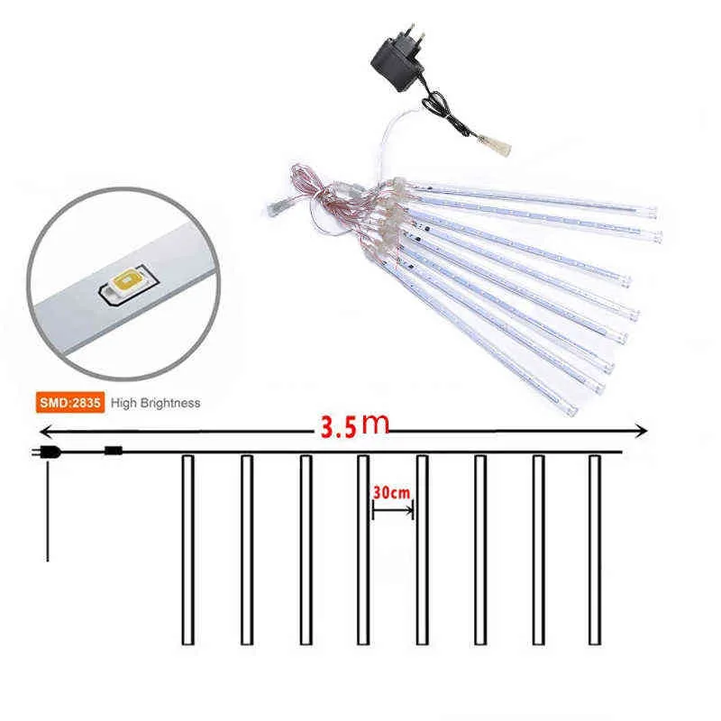 Meteor Duschlampor 30cm 8 rör 192 LED Fallande regndroppsträngljus för utomhus trädgård Hem Julbröllopsfest dekor 211104