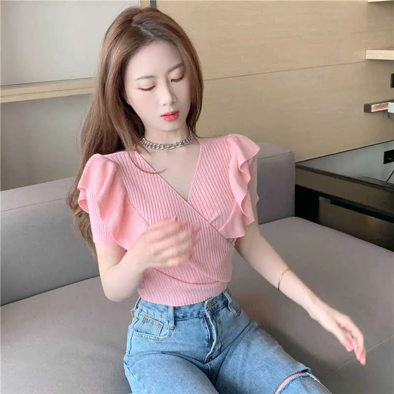 Zomer Mode Kleding Zoete Sexy V-hals Kruis Korte Mouw Roze Tshirts Dames Gewassen Tops Ruches Witte Tees Elegant Zwart 210610