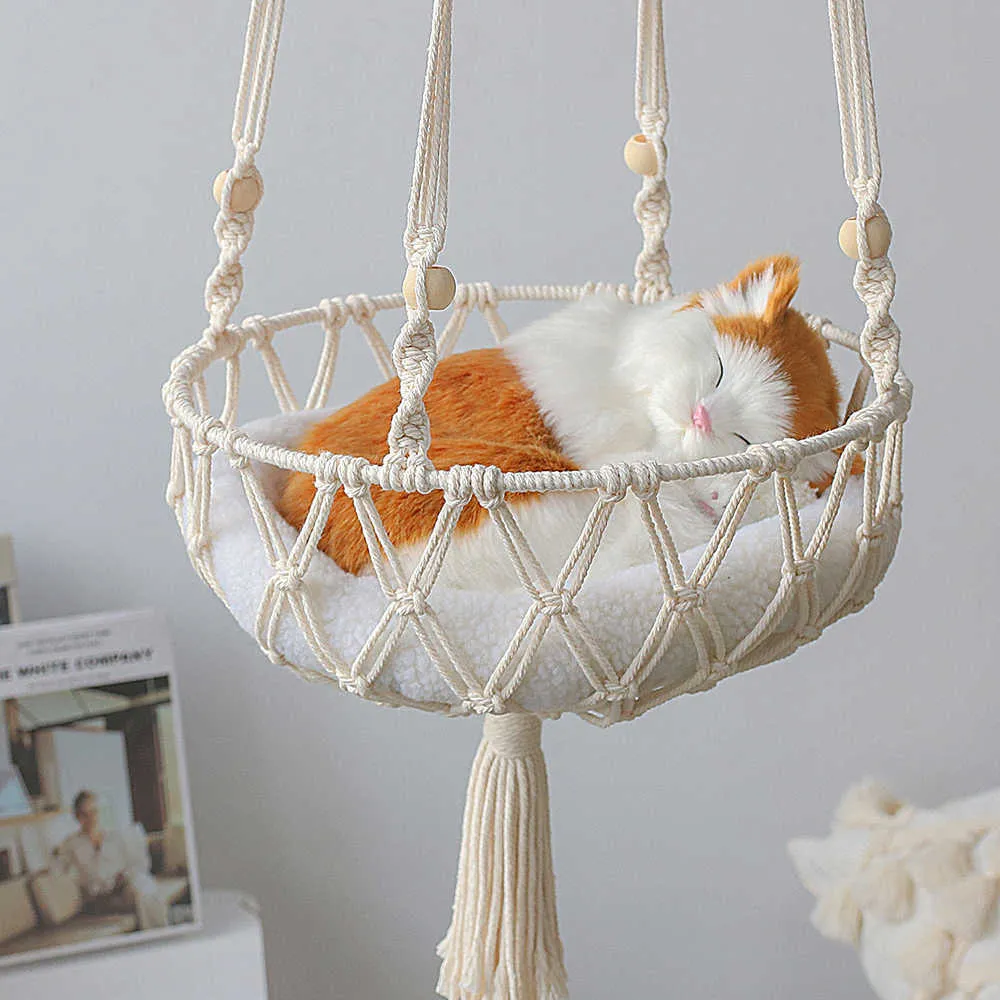 Large Macrame Cat Hammock,Macrame Hanging Swing Dog Bed Basket Home Pet Accessories 's House Puppy Gift 211006