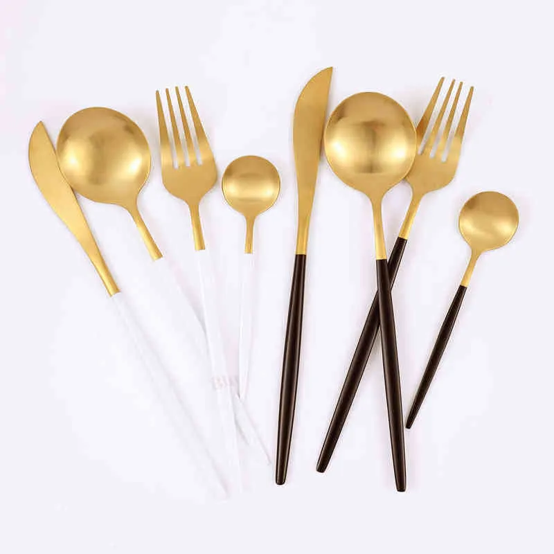 Matte Black Gold Stainless Steel Cutlery Set Knife Fork Spoon Silverware Tableware Wedding Birthday Dinner Dinnerware 211228