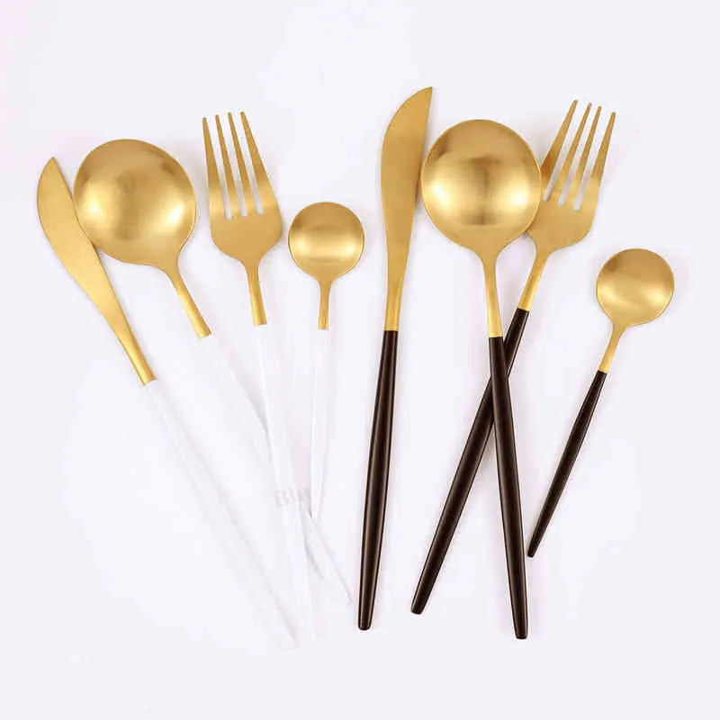 36st matte rostfritt stål bestick uppsättning dinnerware guld kniv gaffel efterrätt sked silverware kök fest middag porslin 211229