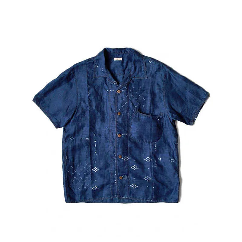 남성 캐주얼 셔츠 Kapital New Hirata Hehong Blue 염색 데님 코튼 프린트 스티치 짧은 소매 셔츠