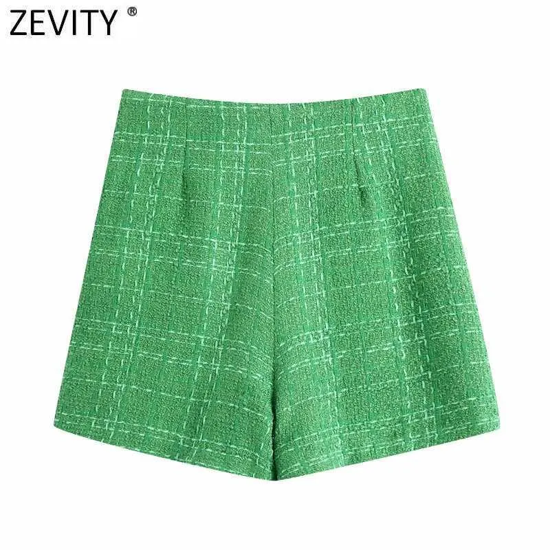 Zevity Frauen Mode Grüne Farbe Tweed Woolen Bermuda Shorts Röcke Dame Seite Reißverschluss Chic Casual Slim Pantalone Cortos P1024 210724