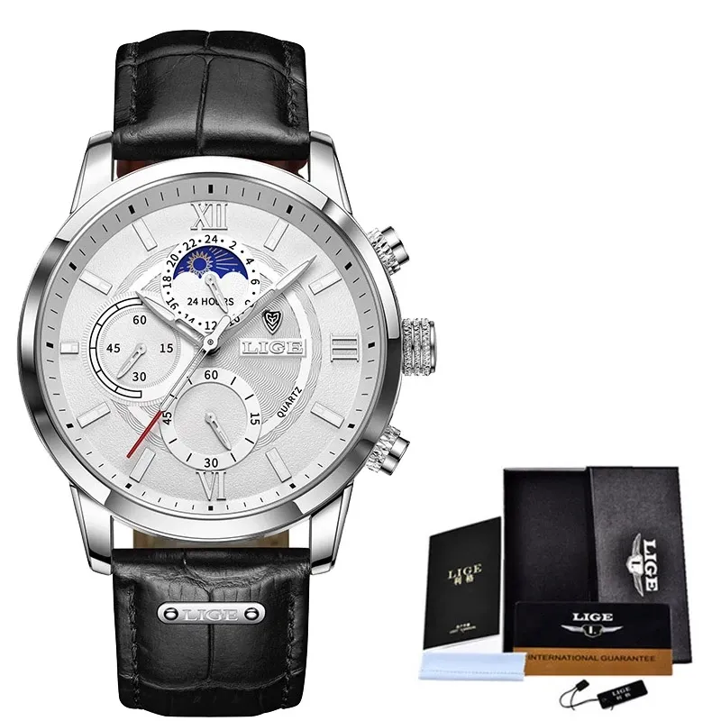 2021 LIGE Relojes para hombre Top Brand Reloj de lujo Casual Leathe 24 horas Fase lunar Hombres Reloj Deporte Impermeable Cuarzo Cronógrafo Caja TF254S