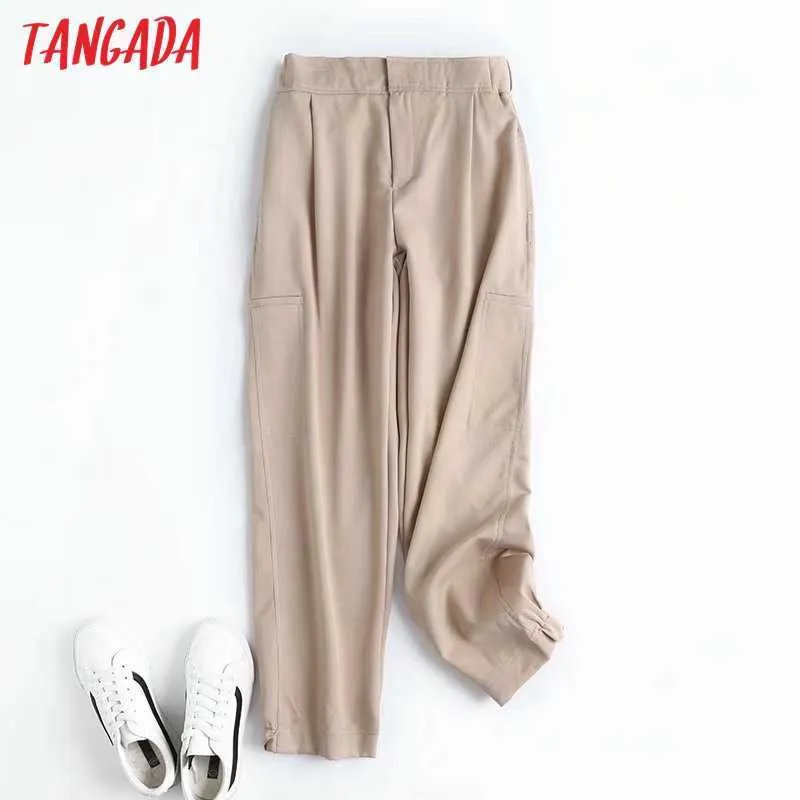 Tangada Moda Kobiety Wysokiej Jakości Khaki Garnitur Spodnie Spodnie Boczne Kieszenie Przyciski Office Lady Pantalon 4C31 210925
