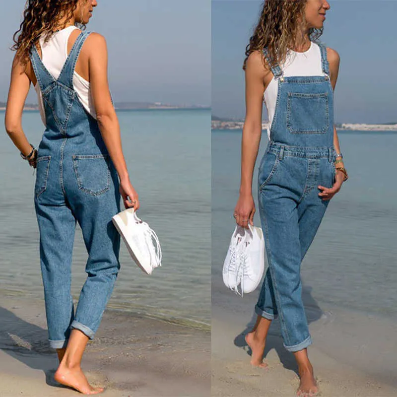 Moda Mujeres Baggy Denim Cross Border Special Jeans Babero Longitud completa General Sólido Flojo Causal Mono Suspender 210809