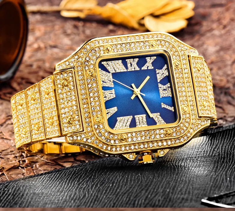 MISSFOX Romeinse schaal trendy hiphop vierkante wijzerplaat herenhorloges Klassiek tijdloos charmehorloge Volledig diamant nauwkeurig quartz uurwerk Lif298r
