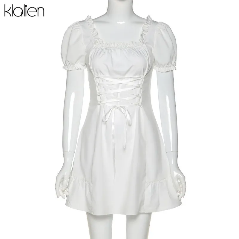 Klalien moda elegante arco branco fêmea mini vestido festa de verão festival de aniversário bonito sexy francês romântico dres 220311